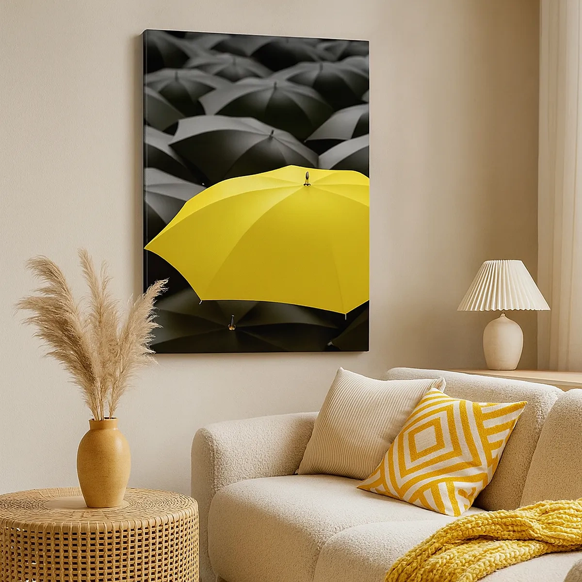 Impression sur toile - Image sur toile - Un parapluie jaune parmi des parapluies noirs - 50x70cm - Adieu chagrin - Décoration murale moderne pour le salon et la chambre ARTTOR