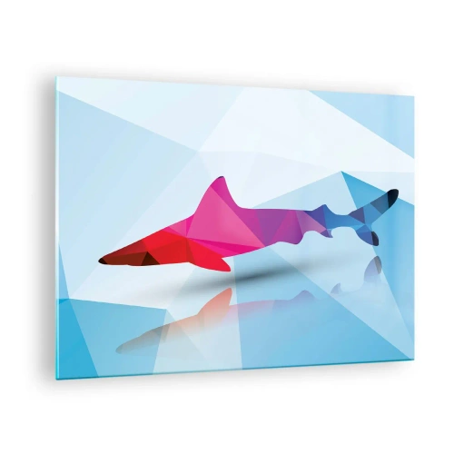 Impression sur verre - Image sur verre - Requin géométrique dans les tons de rouge et de bleu - 70x50cm - Un requin dans un espace de cristal - Décoration murale moderne pour le salon et la chambre ARTTOR