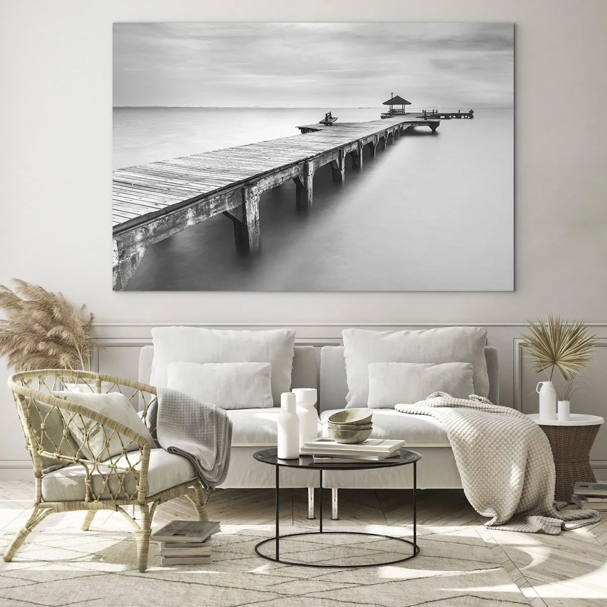 Impression sur verre - Image sur verre - Jetée en bois en noir et blanc surplombant le lac - 70x50cm - À l'horizon - Décoration murale moderne pour le salon et la chambre ARTTOR