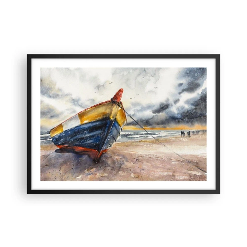 Affiche dans un cadre noir - Poster - Un bateau pittoresque sur la plage sous un ciel nuageux - 70x50cm - Repos sur le rivage - Décoration murale moderne pour le salon et la chambre ARTTOR