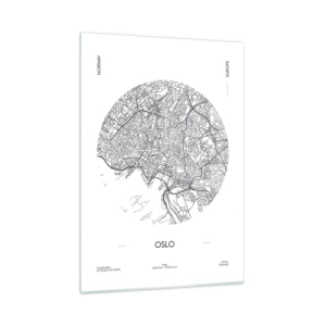 Impression sur verre - Image sur verre - Plan de la ville d'Oslo en style graphique noir et blanc - 50x70cm - Anatomie d’Oslo - Décoration murale moderne pour le salon et la chambre ARTTOR
