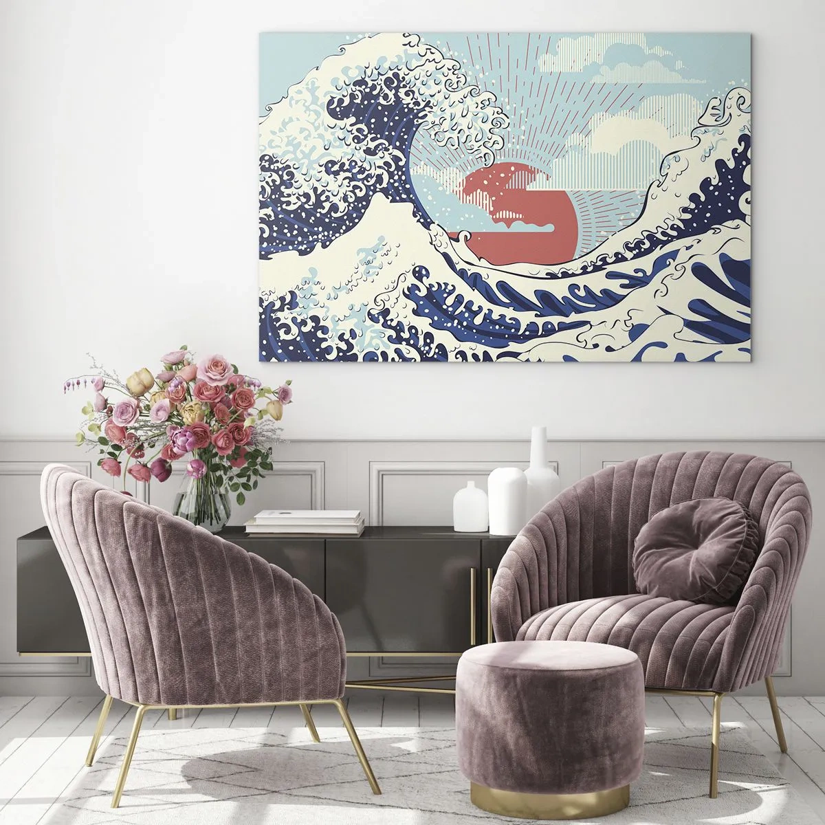 Impression sur verre - Image sur verre - Une vague stylisée inspirée de l'art japonais - 120x80cm - D'une inspiration japonnaise - Décoration murale moderne pour le salon et la chambre ARTTOR