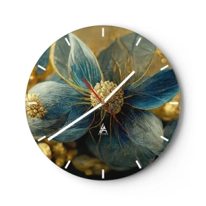Horloge murale - Pendule murale - Une fleur aux couleurs or et bleu - 30x30cm - Fleurir avec de l'or - Décoration murale moderne pour le salon, la cuisine et la chambre ARTTOR