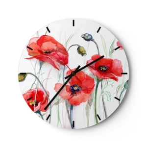 Horloge murale - Pendule murale - Un cadran d'horloge avec un motif aquarelle de coquelicots rouges sur fond blanc. - 30x30cm - Fleurs polonaises - Décoration murale moderne pour le salon, la cuisine et la chambre ARTTOR