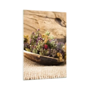 Impression sur verre - Image sur verre - Herbes séchées dans une cuillère en bois sur un fond en bois naturel - 70x100cm - Fleurs colorées et herbes parfumées - Décoration murale moderne pour le salon et la chambre ARTTOR