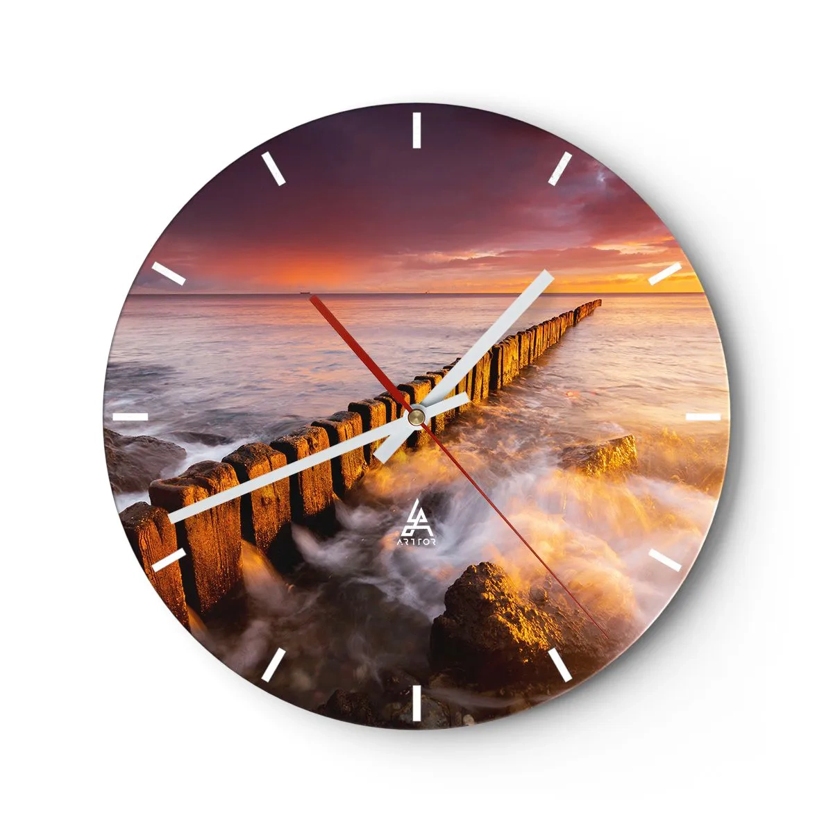 Horloge murale - Pendule murale - Coucher de soleil sur la mer avec un brise-lames - 30x30cm - La douceur des vagues - Décoration murale moderne pour le salon, la cuisine et la chambre ARTTOR