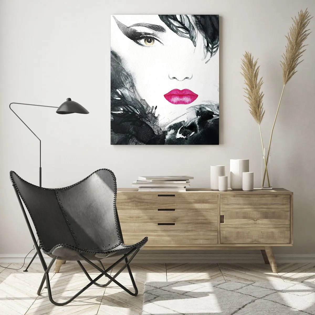 Impression sur verre - Image sur verre - Portrait d'une femme aux lèvres roses et aux accents noirs - 50x70cm - Attention! Femme fatale - Décoration murale moderne pour le salon et la chambre ARTTOR