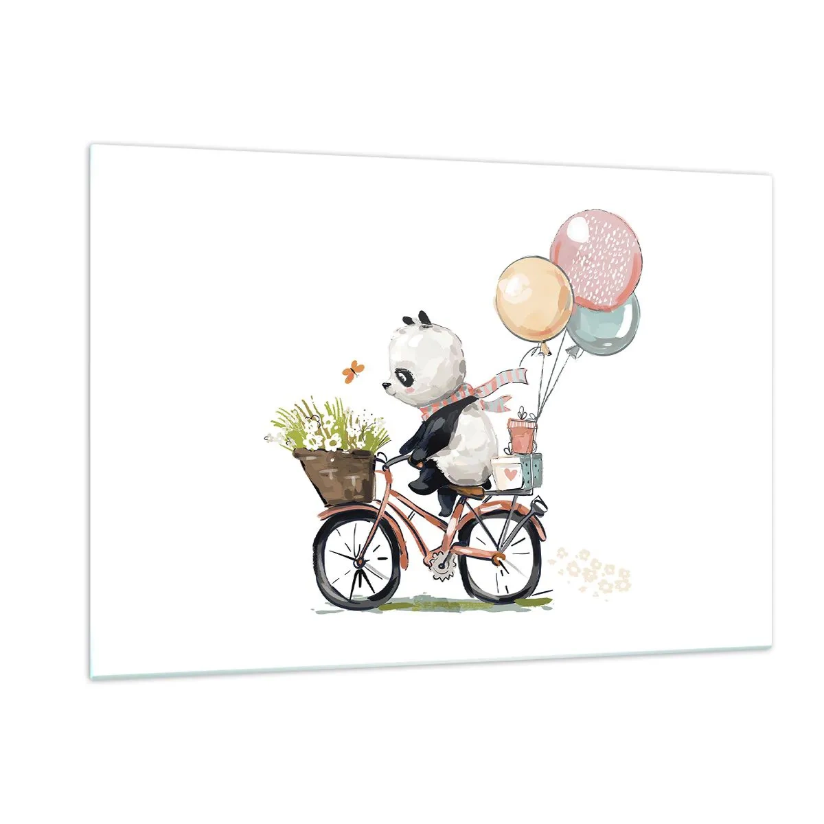 Impression sur verre - Image sur verre - Un panda faisant du vélo avec des ballons et un panier de fleurs. - 120x80cm - Jour de chance - Décoration murale moderne pour le salon et la chambre ARTTOR