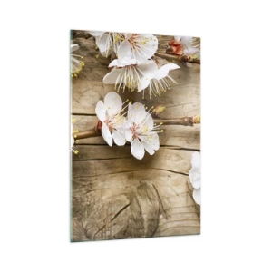 Impression sur verre - Image sur verre - Branches de cerisiers en fleurs sur fond de planche de bois - 70x100cm - Et c'est devenu le printemps - Décoration murale moderne pour le salon et la chambre ARTTOR
