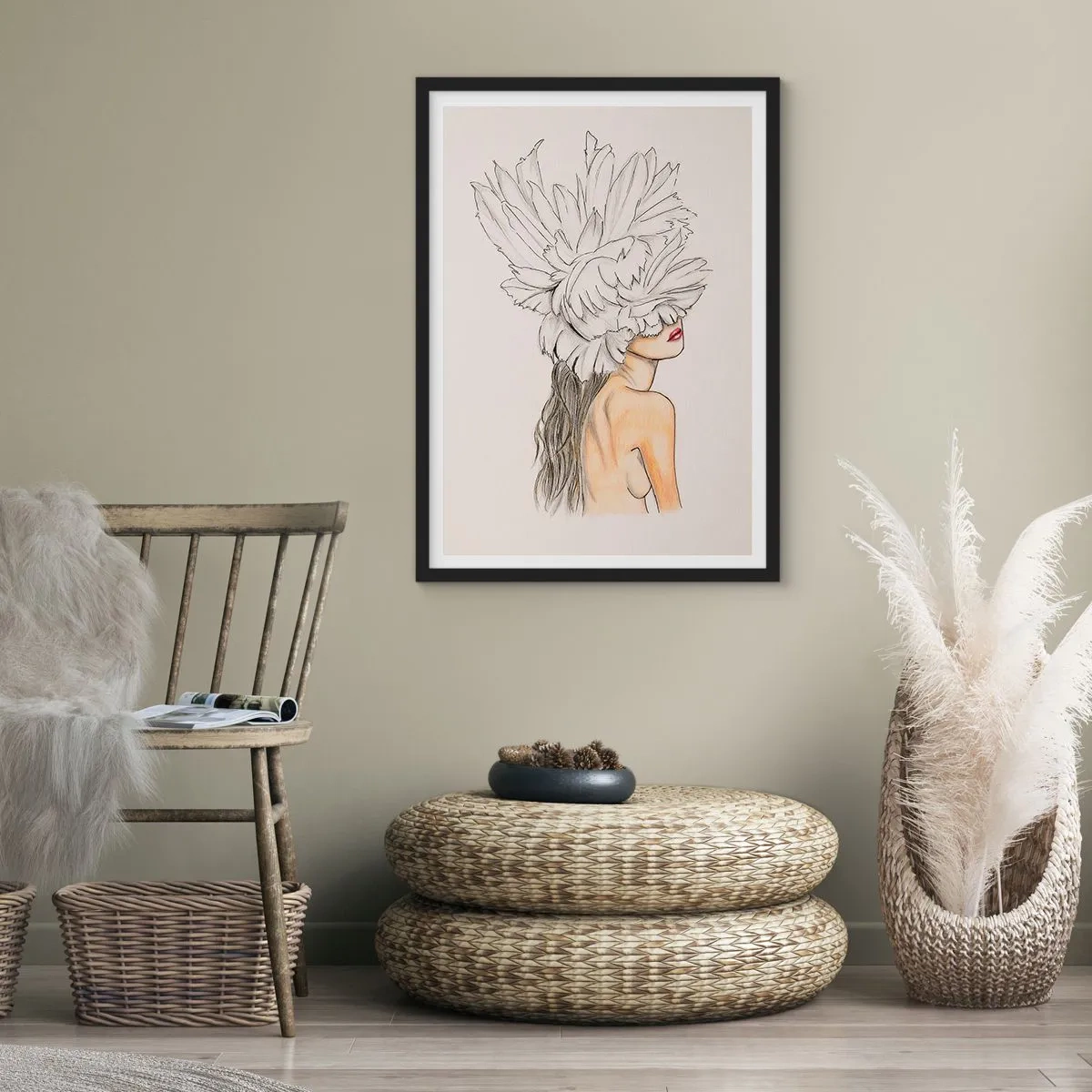 Affiche dans un cadre noir - Poster - Portrait d'une femme avec un chapeau de plumes dans un style artistique - 50x70cm - Beauté couronnée - Décoration murale moderne pour le salon et la chambre ARTTOR