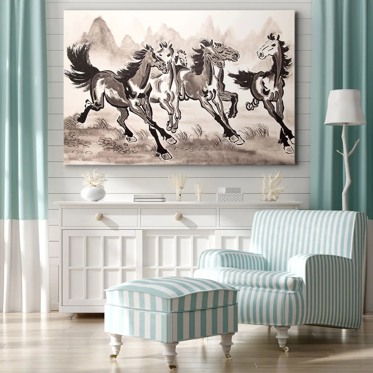 Impression sur toile - Image sur toile - Graphiques dynamiques de chevaux au galop dans un style oriental - 120x80cm - Dans un joyeux galop - Décoration murale moderne pour le salon et la chambre ARTTOR