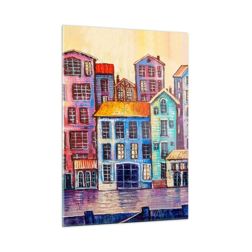 Impression sur verre - Image sur verre - Des immeubles colorés se reflètent dans l'eau - 50x70cm - Une ville comme dans un conte de fées - Décoration murale moderne pour le salon et la chambre ARTTOR