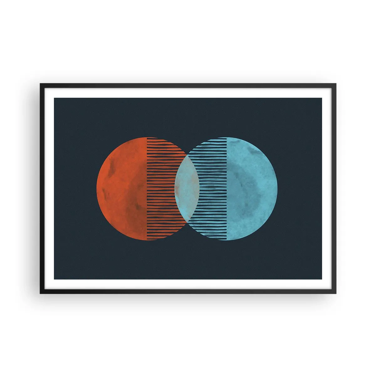 Affiche dans un cadre noir - Poster - Deux cercles orange et bleus sur fond sombre - 100x70cm - Fantaisie astronomique - Décoration murale moderne pour le salon et la chambre ARTTOR