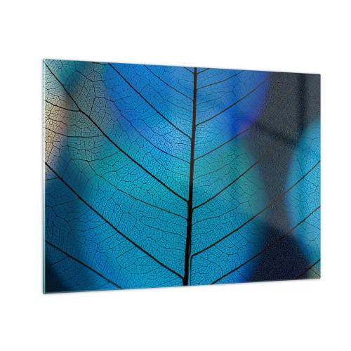 Impression sur verre - Image sur verre - Gros plan d'une feuille bleue montrant la structure des veines. - 70x50cm - Construction complexe - Décoration murale moderne pour le salon et la chambre ARTTOR
