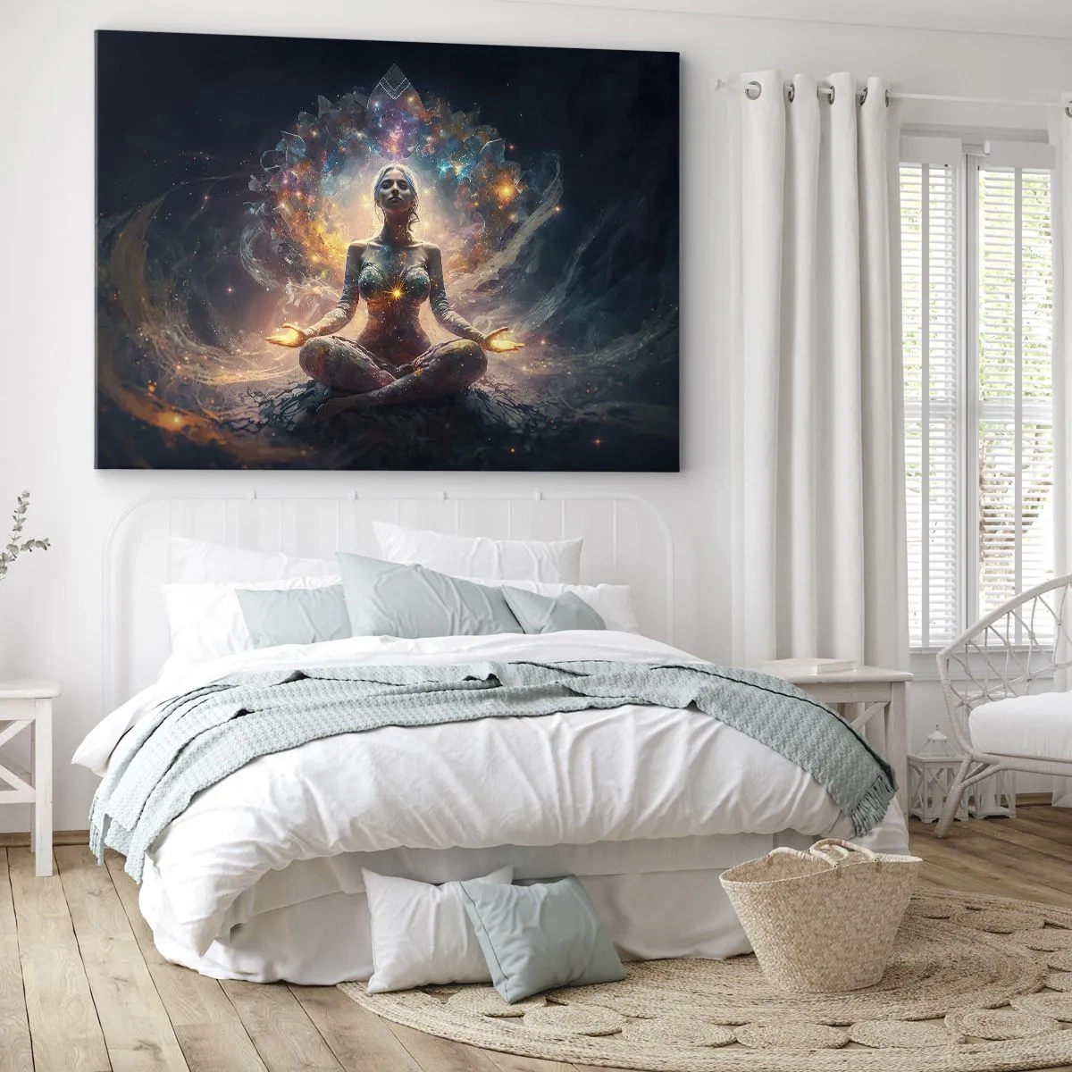 Impression sur toile - Image sur toile - Une figure méditante entourée de motifs et de couleurs énergétiques. - 100x70cm - Flux de bonne énergie - Décoration murale moderne pour le salon et la chambre ARTTOR