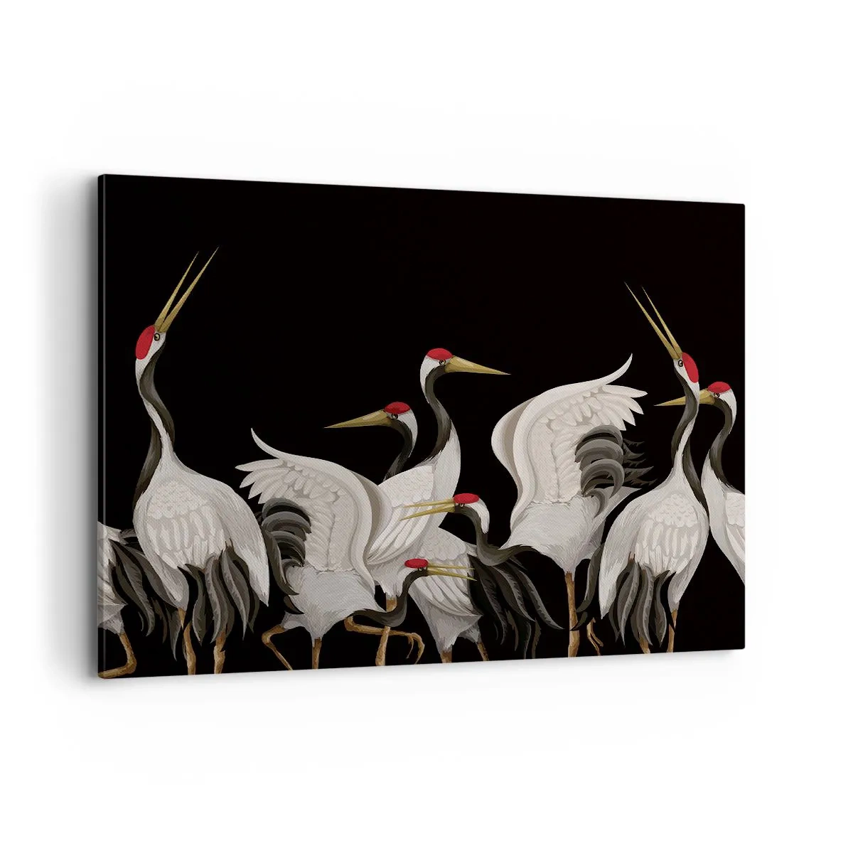 Impression sur toile - Image sur toile - Grues blanches avec des accents rouges sur fond noir - 120x80cm - Histoire d'oiseaux - Décoration murale moderne pour le salon et la chambre ARTTOR