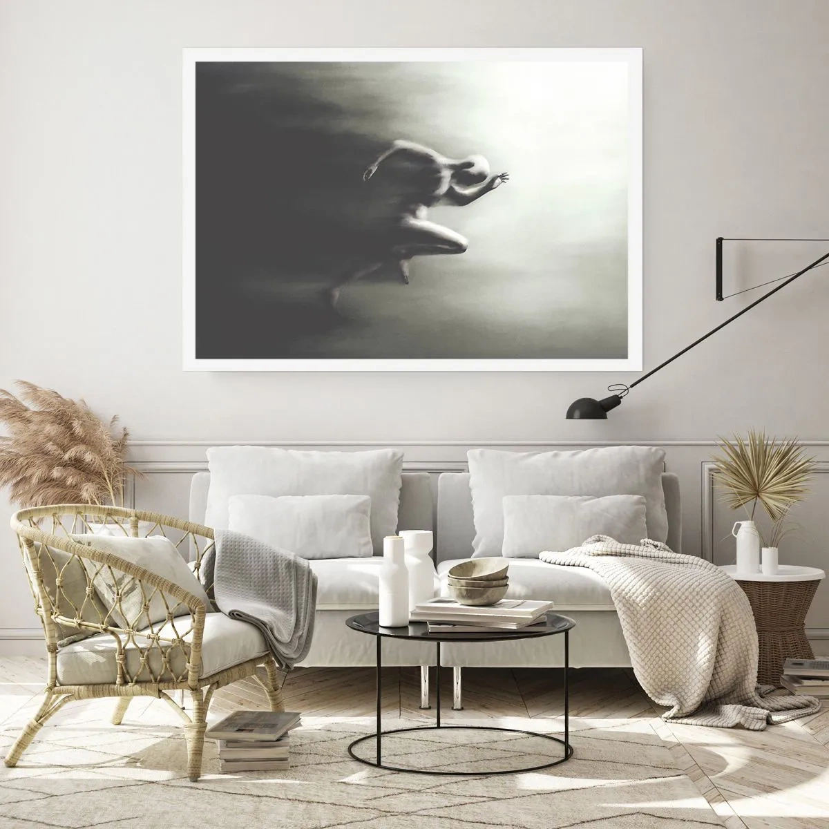 Affiche - Poster - Une silhouette noire et blanche d'une silhouette en train de courir dans un style dynamique et surréaliste. - 100x70cm - Inarrêtable - Décoration murale moderne pour le salon et la chambre ARTTOR