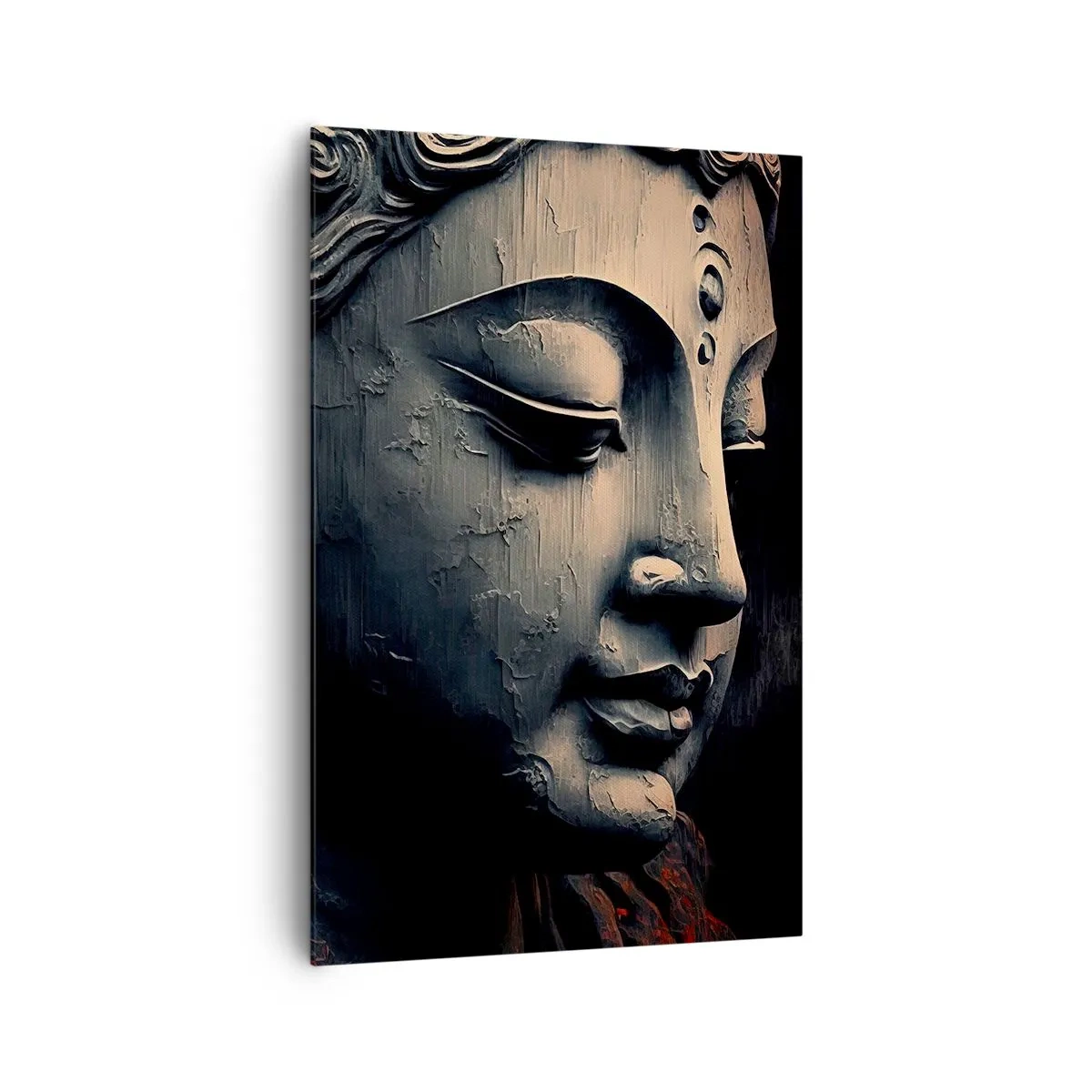 Impression sur toile - Image sur toile - Sculpture de Bouddha avec une fleur de lotus rouge - 80x120cm - En harmonie avec le monde - Décoration murale moderne pour le salon et la chambre ARTTOR
