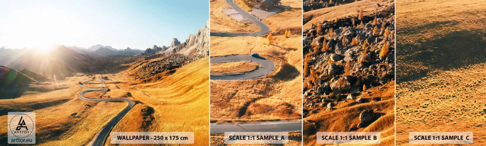 Échantillon de Papier Peint Autocollant Deluxe Sticker - Dans une vallée dorée - Paysage, Montagnes, Italie - 100x30 cm