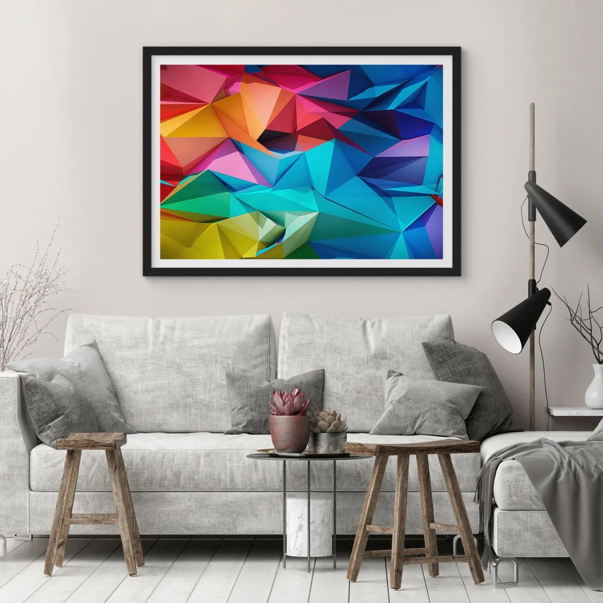 Affiche dans un cadre noir - Poster - Abstraction géométrique colorée aux couleurs vives - 100x70cm - Origami arc-en-ciel - Décoration murale moderne pour le salon et la chambre ARTTOR