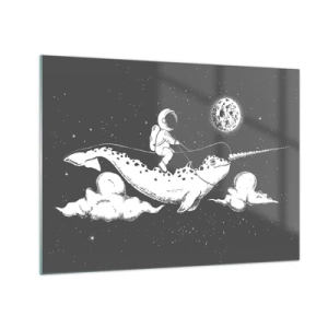 Impression sur verre - Image sur verre - Un astronaute chevauchant un narval dans un décor spatial - 70x50cm - Cavalier de l'espace - Décoration murale moderne pour le salon et la chambre ARTTOR