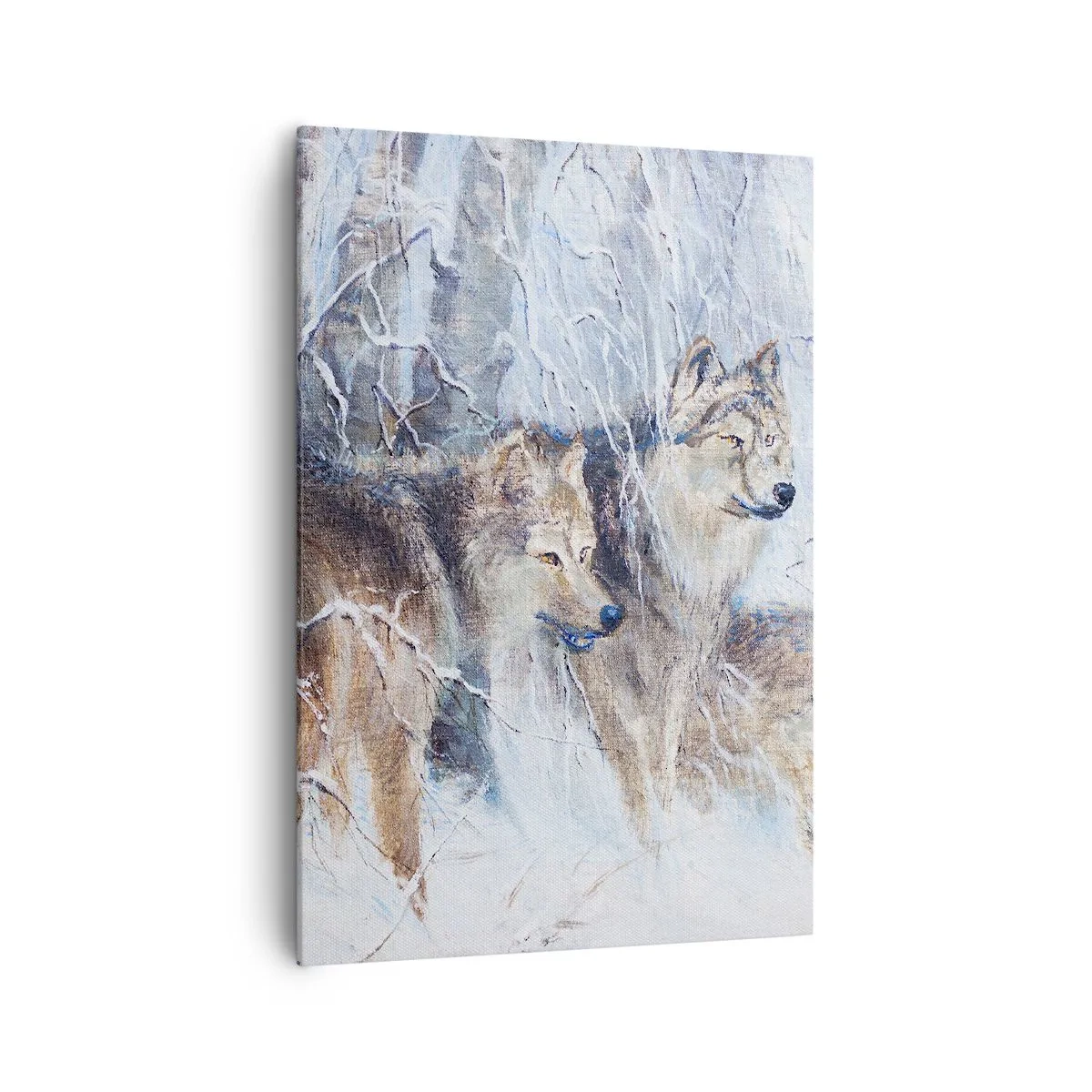 Impression sur toile - Image sur toile - Loups dans une forêt hivernale sur fond de neige - 70x100cm - Attention! Ca arrive ... - Décoration murale moderne pour le salon et la chambre ARTTOR