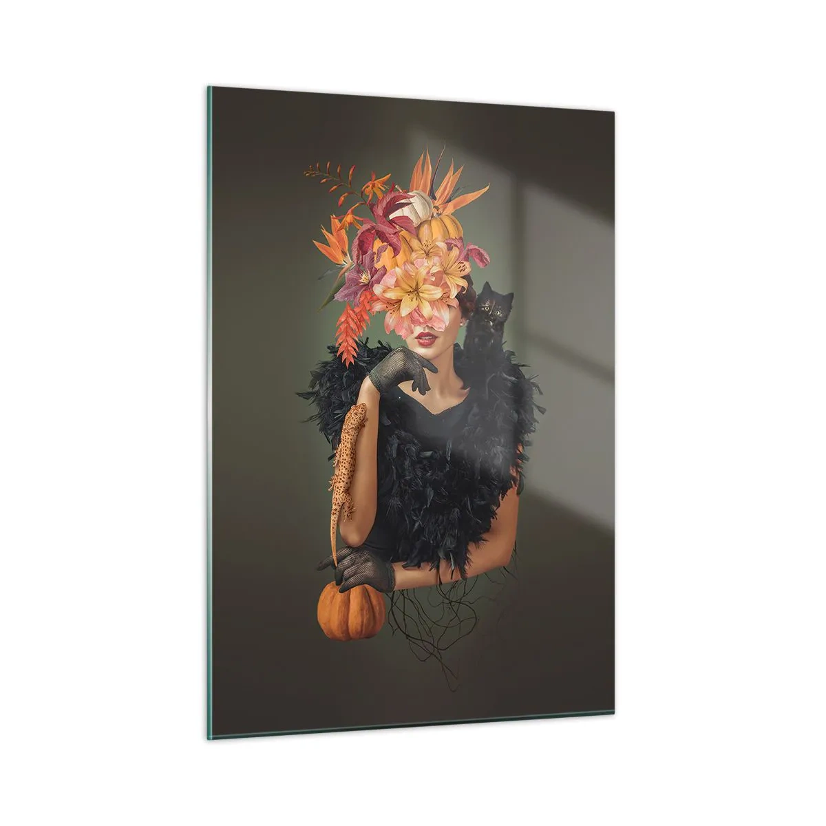 Impression sur verre - Image sur verre - Figure d'une femme en noir avec une citrouille, un chat et une composition florale - 50x70cm - Sort de sorcière - Décoration murale moderne pour le salon et la chambre ARTTOR
