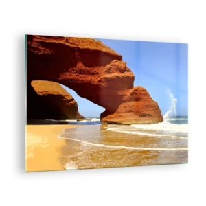Impression sur verre - Image sur verre - Arches de roche rouge sur la plage et l'océan - 70x50cm - L'eau et le vent depuis des milliers d'années - Décoration murale moderne pour le salon et la chambre ARTTOR
