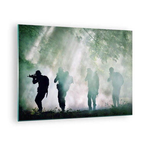 Impression sur verre - Image sur verre - Un groupe de soldats en fumée, marchant dans la forêt, en état d'alerte maximale - 70x50cm - Un pour tous… - Décoration murale moderne pour le salon et la chambre ARTTOR