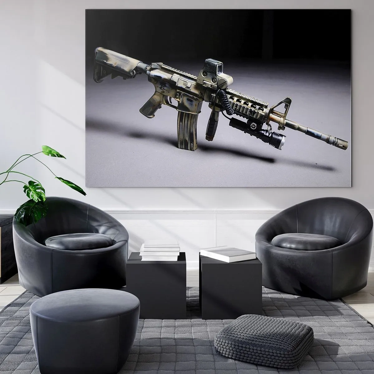 Impression sur verre - Image sur verre - Un fusil moderne sur un fond sombre avec un accent industriel - 70x50cm - Toujours menaçant - Décoration murale moderne pour le salon et la chambre ARTTOR