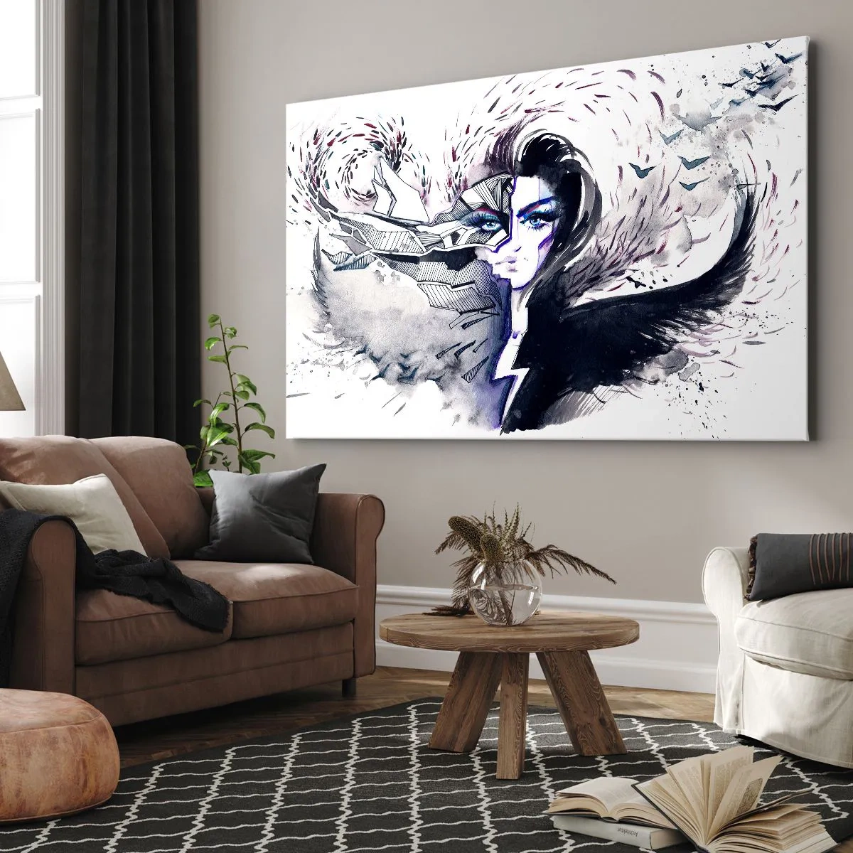 Impression sur toile - Image sur toile - Visage abstrait avec des éléments contrastés et un motif d'aile - 120x80cm - Démoniaque et belle - Décoration murale moderne pour le salon et la chambre ARTTOR