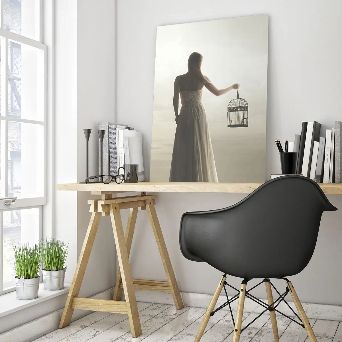 Impression sur verre - Image sur verre - Une femme avec une cage regardant les oiseaux s'envoler dans le ciel - 50x70cm - Soi libre - Décoration murale moderne pour le salon et la chambre ARTTOR