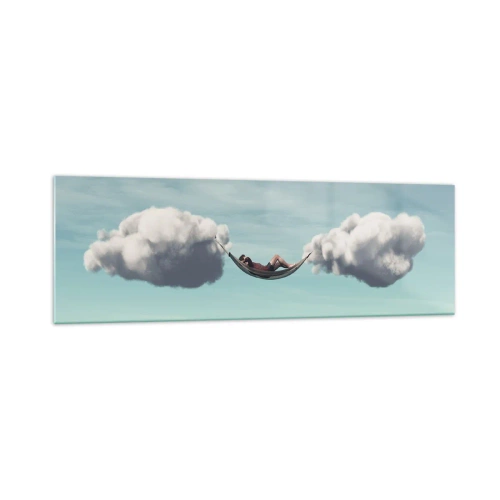 Impression sur verre - Image sur verre - Une personne se détendant dans un hamac suspendu dans les nuages - 160x50cm - Instant de bonheur - Décoration murale moderne pour le salon et la chambre ARTTOR
