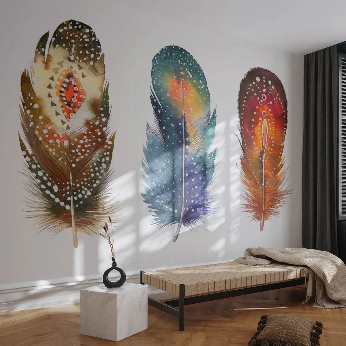 Papier Peint Photo Premium Sand - Plumes colorées avec des motifs ethniques sur fond blanc - 100x70cm - Rituels, cérémonies, secrets - Décoration murale moderne pour le salon et la chambre ARTTOR