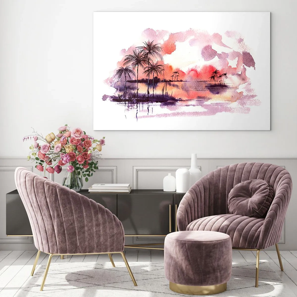 Impression sur verre - Image sur verre - Paysage tropical au coucher du soleil à l'aquarelle - 70x50cm - La tranquillité des tropiques en rouge - Décoration murale moderne pour le salon et la chambre ARTTOR