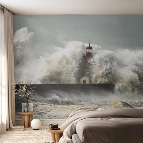 Papier Peint Photo Premium Canvas - La colère de l'océan - Paysage, Phare, Tempête - 500x350 cm