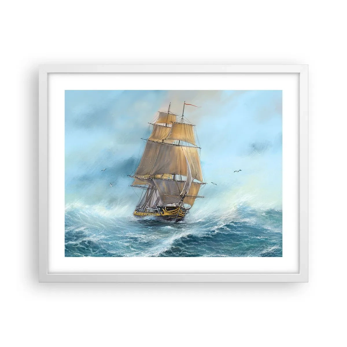 Affiche dans un cadre blanc - Poster - Se précipitant sur les vagues - 50x40 cm