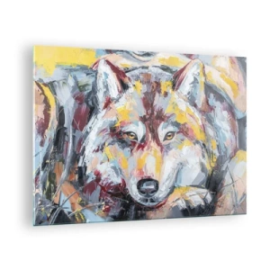Impression sur verre - Image sur verre - Portrait coloré d'un loup dans le style expressionniste - 70x50cm - En paix au milieu des siens - Décoration murale moderne pour le salon et la chambre ARTTOR