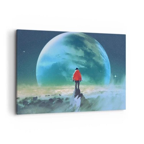 Impression sur toile - Image sur toile - Un homme portant une veste rouge debout devant une grande planète avec des étoiles en arrière-plan. - 100x70cm - Explorateur de la nouvelle terre - Décoration murale moderne pour le salon et la chambre ARTTOR