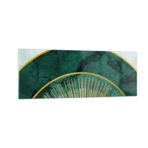 Impression sur verre - Image sur verre - Motif abstrait avec des cercles aux couleurs émeraude et or. - 140x50cm - Un autre système solaire - Décoration murale moderne pour le salon et la chambre ARTTOR