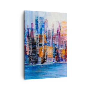 Impression sur toile - Image sur toile - Un panorama coloré de la ville avec des reflets sur l'eau - 70x100cm - Une métropole joyeuse - Décoration murale moderne pour le salon et la chambre ARTTOR