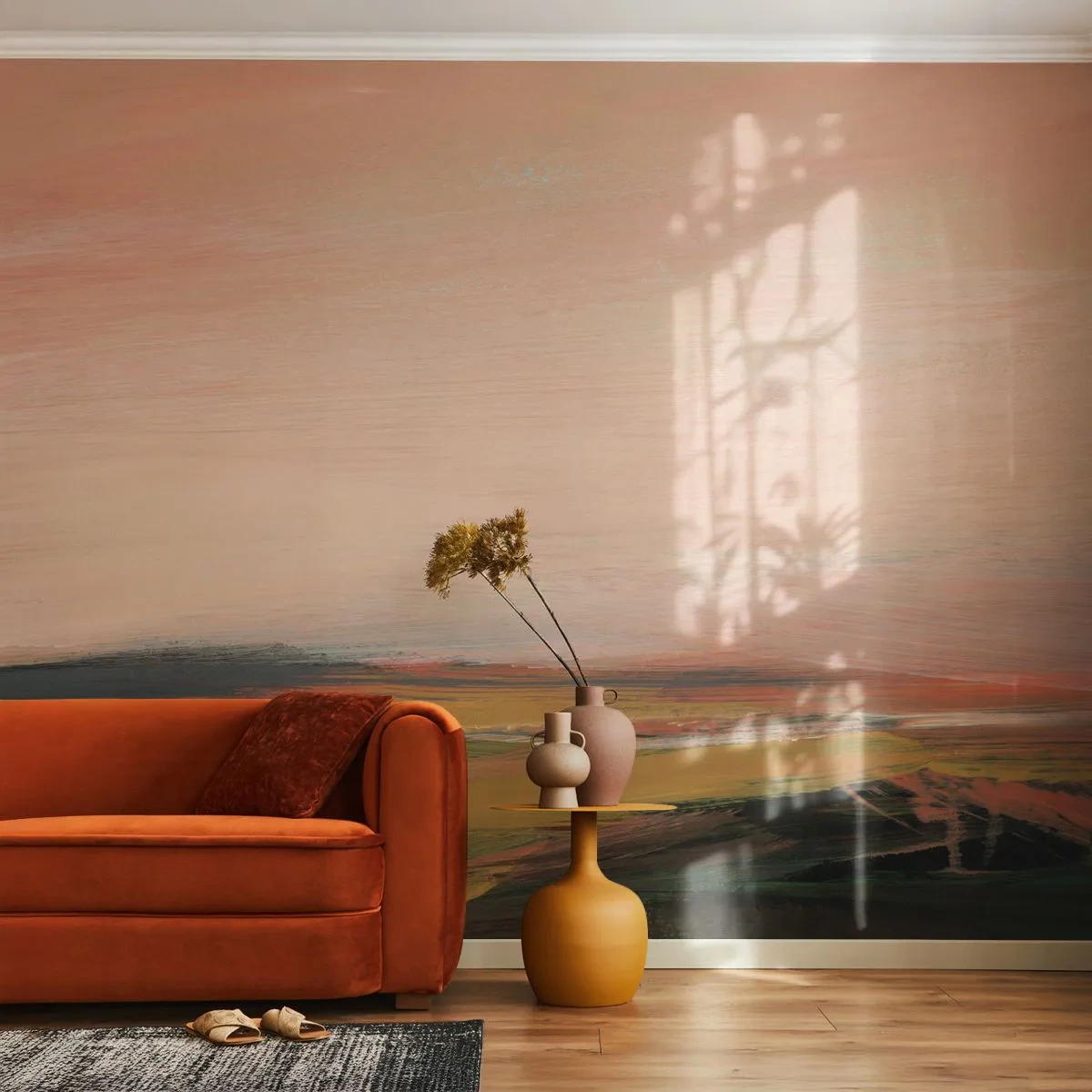 Papier Peint Photo Premium Sand - Un panorama pittoresque de champs à la lumière du soleil couchant - 100x70cm - Dans les tons de roses - Décoration murale moderne pour le salon et la chambre ARTTOR