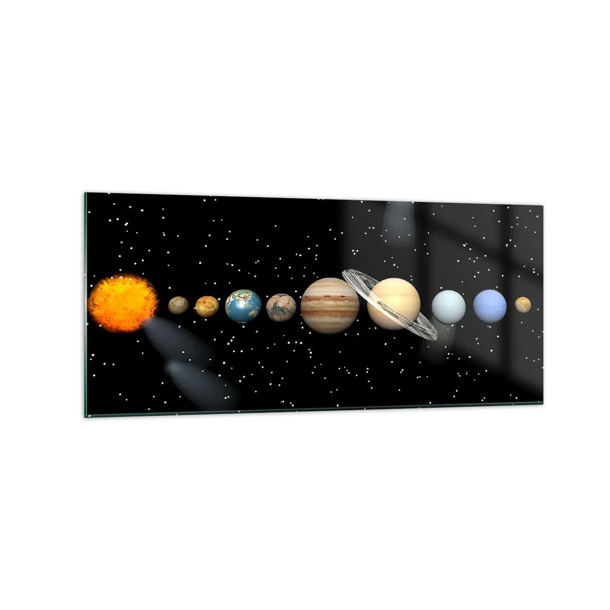 Impression sur verre - Image sur verre - Le système solaire avec des planètes sur fond d'étoiles dans l'espace - 120x50cm - Et les planètes sont folles, sont folles... - Décoration murale moderne pour le salon et la chambre ARTTOR