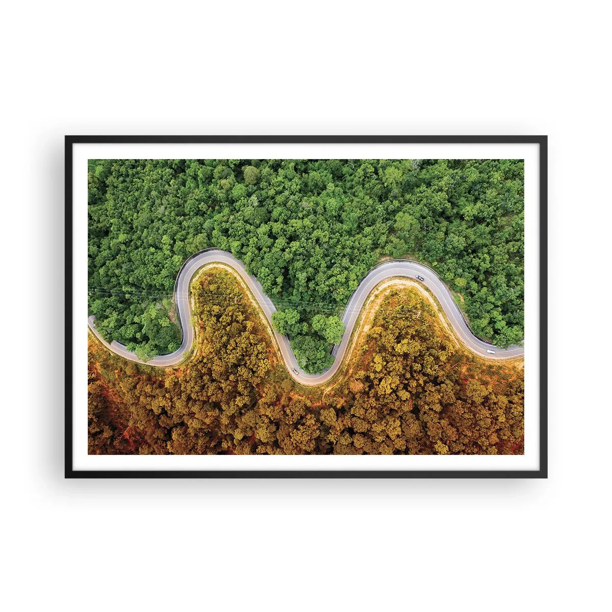 Affiche dans un cadre noir - Poster - Une route sinueuse à travers la forêt vue à vol d'oiseau - 100x70cm - Frontieres et differences - Décoration murale moderne pour le salon et la chambre ARTTOR