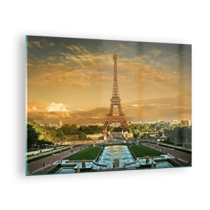 Impression sur verre - Image sur verre - La Tour Eiffel entourée de jardins parisiens au coucher du soleil - 70x50cm - La reine de Paris - Décoration murale moderne pour le salon et la chambre ARTTOR