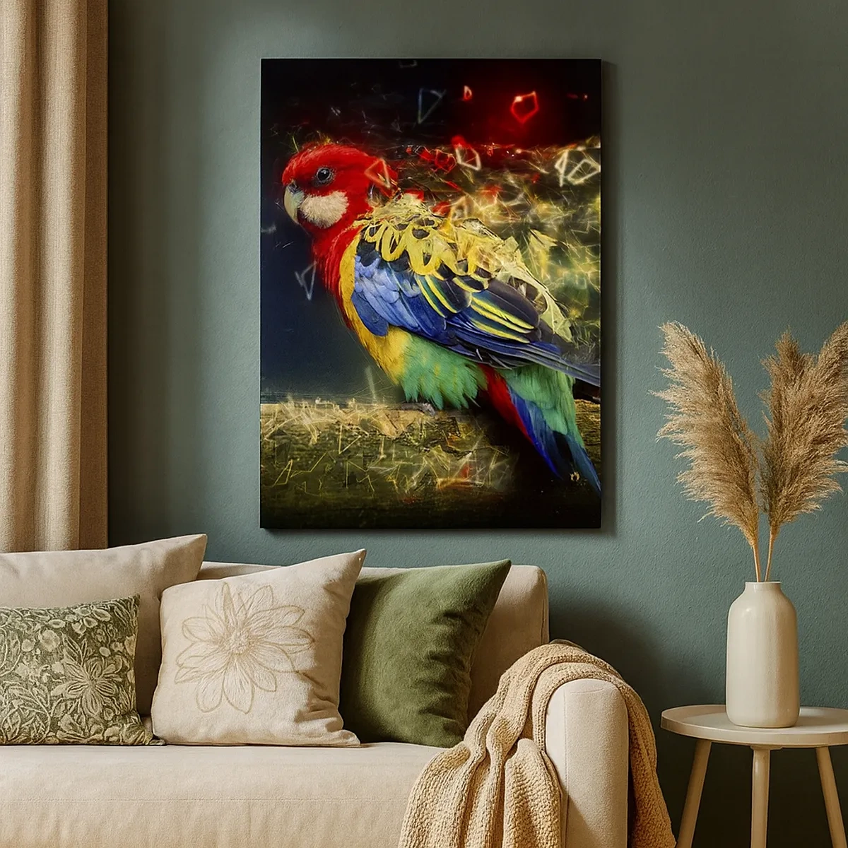 Impression sur toile - Image sur toile - Un perroquet aux couleurs vives sur un fond d'effets de lumière - 50x70cm - Messager d'éclat - Décoration murale moderne pour le salon et la chambre ARTTOR