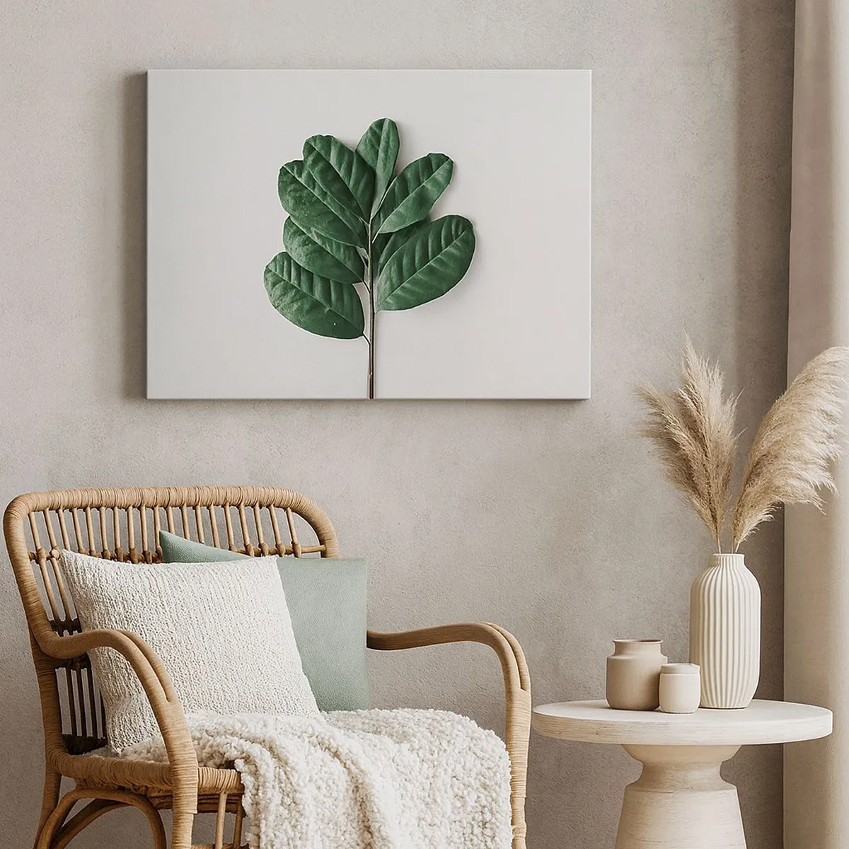 Impression sur toile - Image sur toile - Un brin de feuilles vertes sur un fond clair - 70x50cm - Dessin de la nature elle-même - Décoration murale moderne pour le salon et la chambre ARTTOR