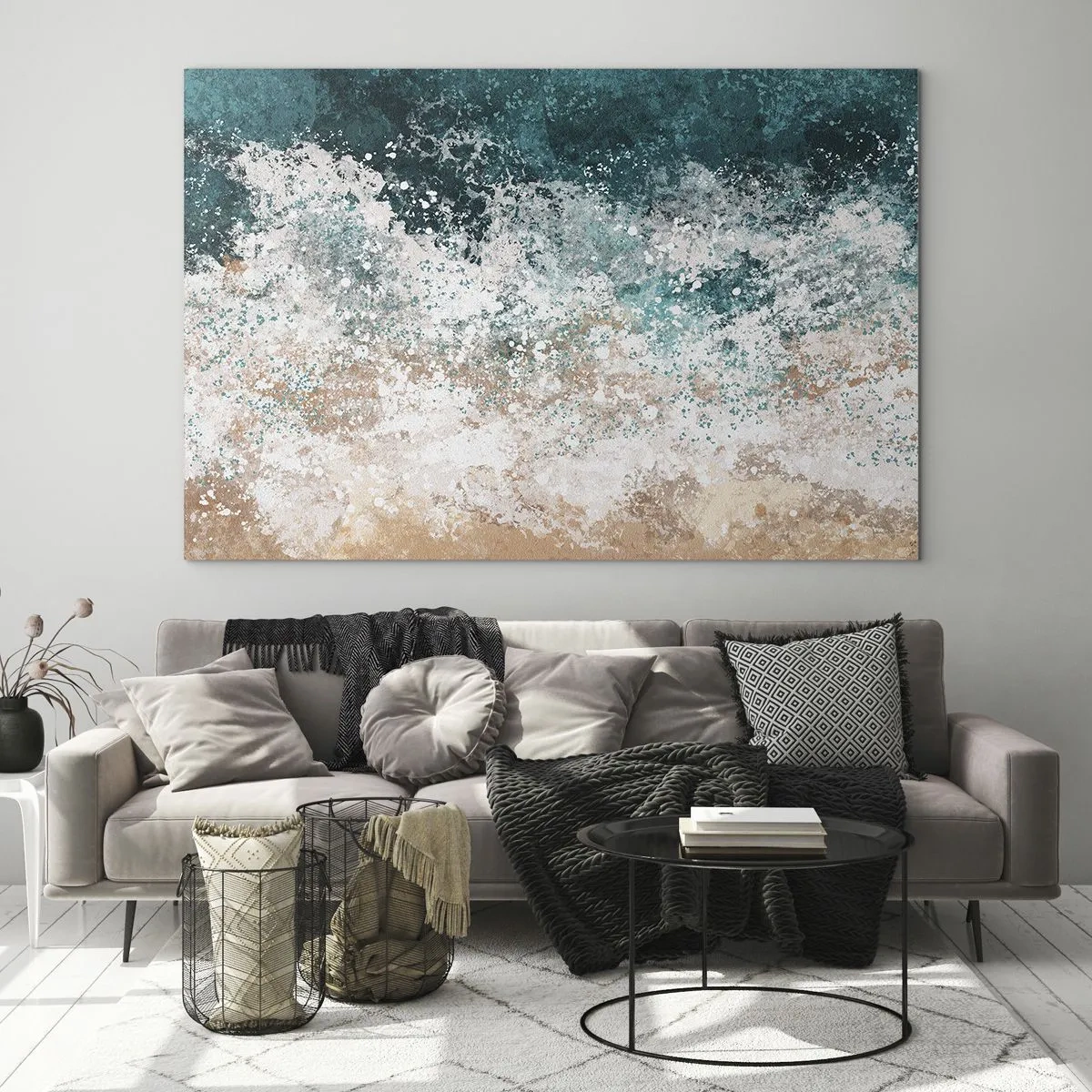Impression sur verre - Image sur verre - Vague de mer abstraite dans des tons de turquoise, blanc et beige sable - 100x70cm - Histoires de la mer - Décoration murale moderne pour le salon et la chambre ARTTOR