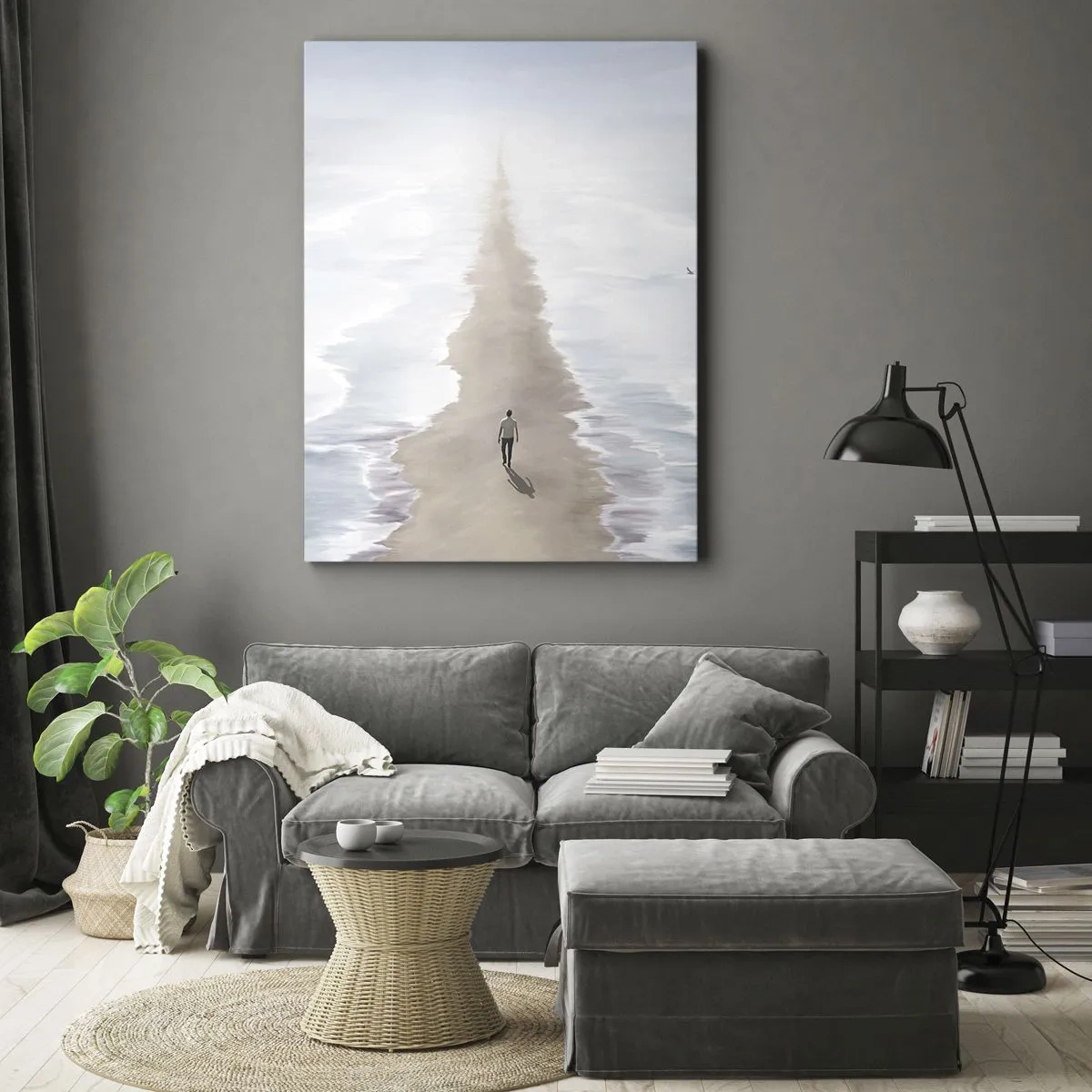 Impression sur toile - Image sur toile - Une silhouette sur une route solitaire au milieu d'un vaste paysage aquatique - 80x120cm - Un brillant avenir - Décoration murale moderne pour le salon et la chambre ARTTOR