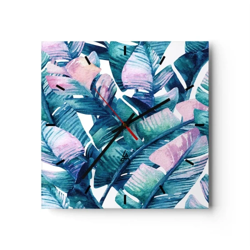 Horloge murale - Pendule murale - Feuilles de bananier dans les tons bleu et rose - 30x30cm - Dans une bananeraie - Décoration murale moderne pour le salon et la chambre ARTTOR